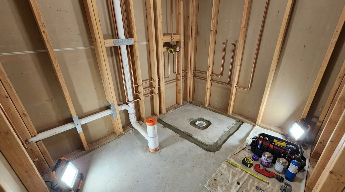 Bathroom rough-in plumbing during remodel by Johns Plumbing LLC in Luther