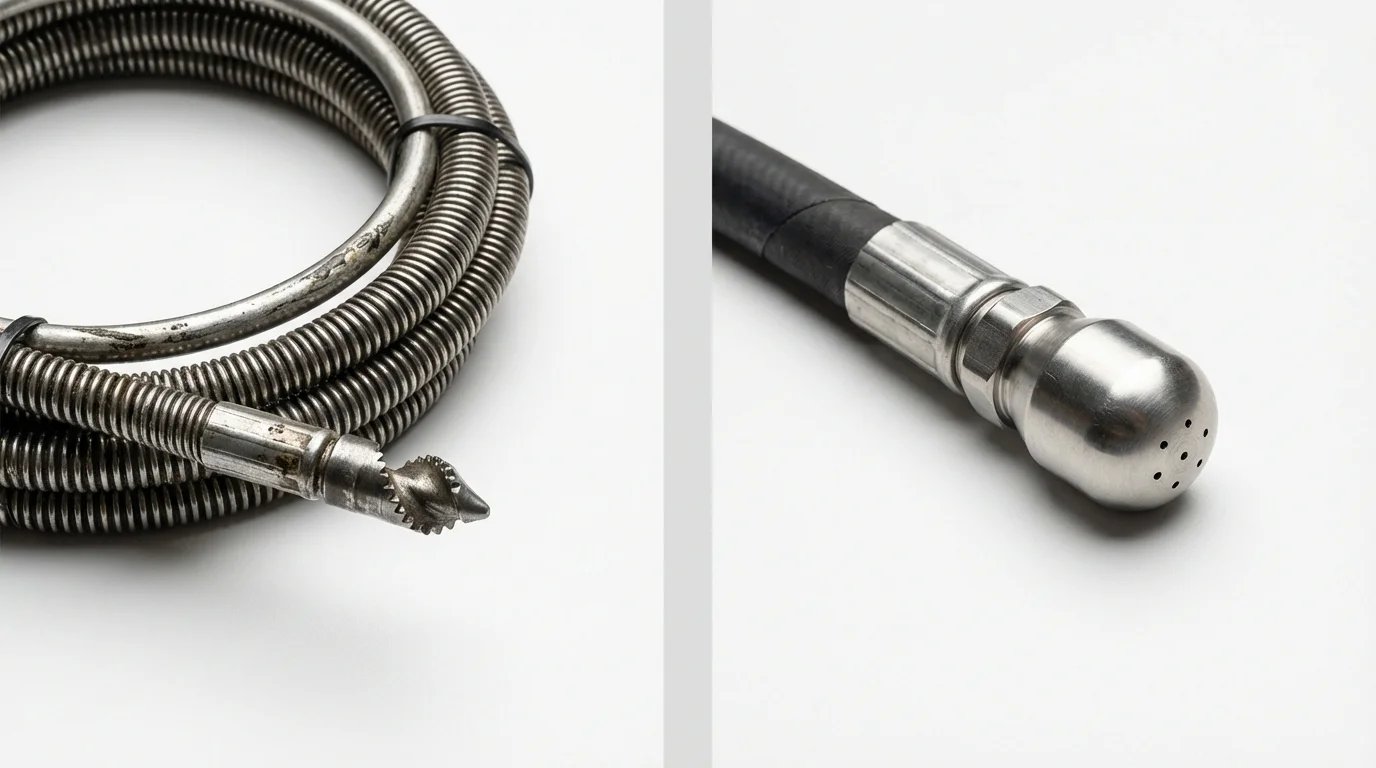 Drain snake cable and hydro jetting nozzle used for drain cleaning in Luther, OK