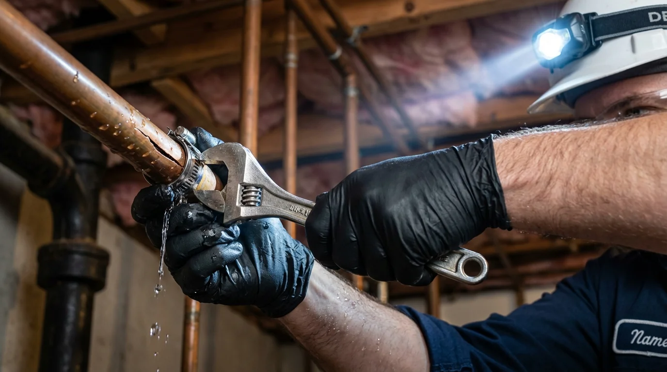 Emergency pipe clamp repair being performed by a Johns Plumbing LLC plumber in Luther