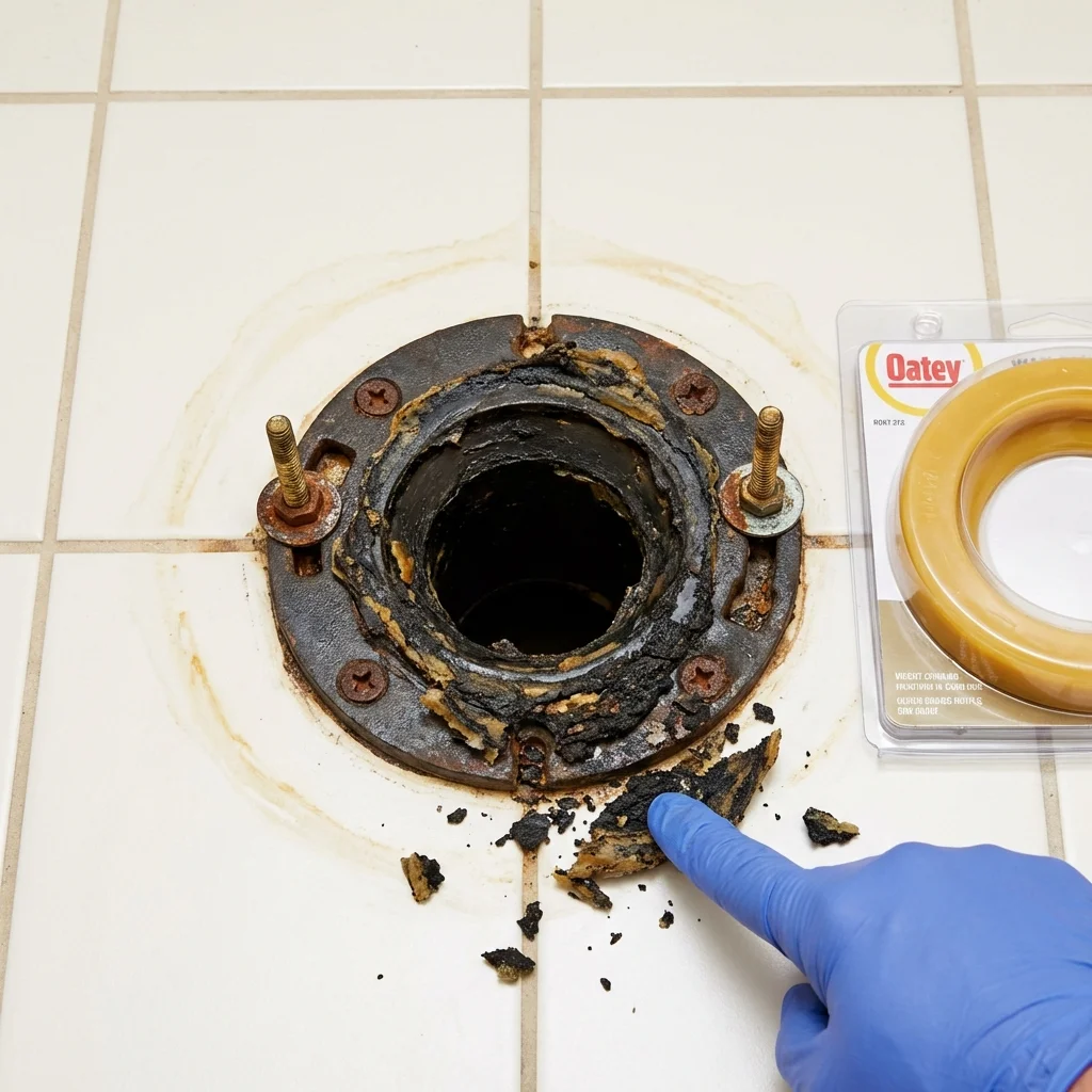 Failed wax ring showing water seepage at the base of a toilet in a Luther, OK home