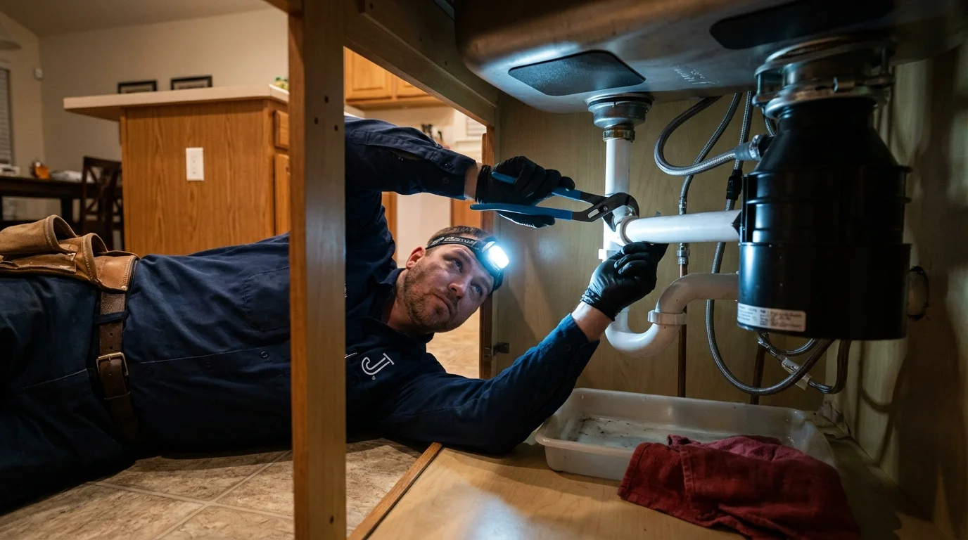 P-trap and supply line connections under a kitchen sink showing a common leak point in Luther, OK